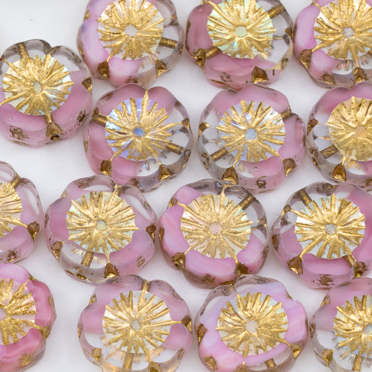 OUTLET 10 grams Table Cut Hawaii Flower Beads, 14 x 14 mm, Pink Ab Full (2X Side) Gold Lined (R0742-28703-54302), Glass, Czech Republic
