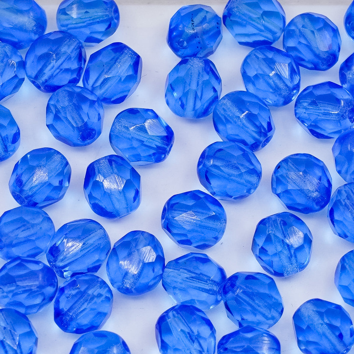 OUTLET 250g/50g Faceted Round Fire Polished Beads, 6 x 6 mm, Transparent Blue (30060), Glass, Czech Republic