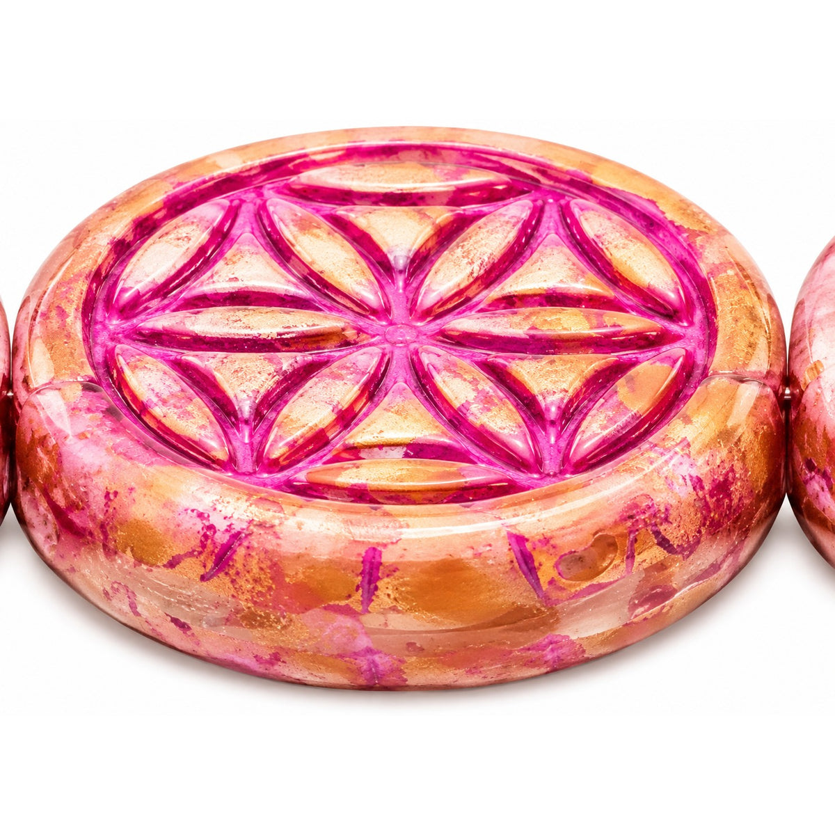 Ornamental Coin Beads, Opaque Pink Stain Strong Pink Lined (74010-86805-46470), Glass, Czech Republic