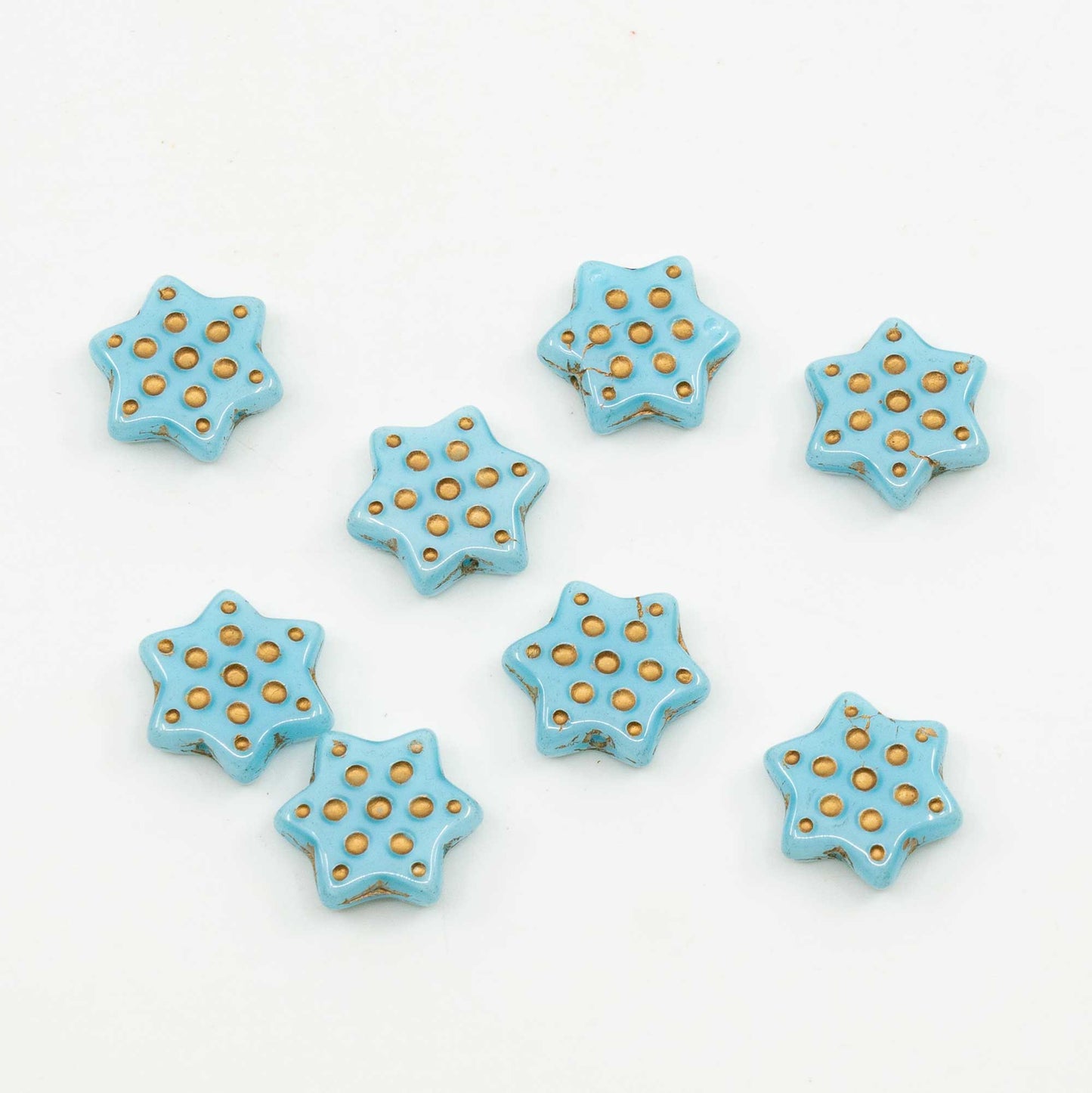 アウトレット 250グラム プレスビーズ 星型ドット、16 x 16 mm、ターコイズゴールドライン(64000-54302)、ガラス、チェコ共和国