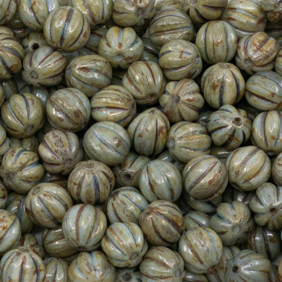 アウトレット 250g メロンビーズ、8 x 8 mm、ホワイトステイン、ラスターブルーB(02010-65431-B)、ガラス、チェコ共和国