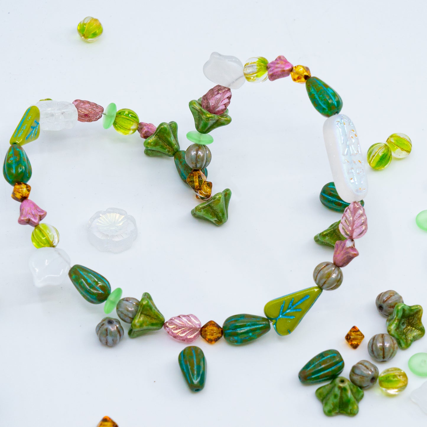 LIMITED Mix of Czech Glass Beads, Hand Made Set Kit, Crystal AB Table Cut Hawaii Green Leaves Glass Beads mix 002
