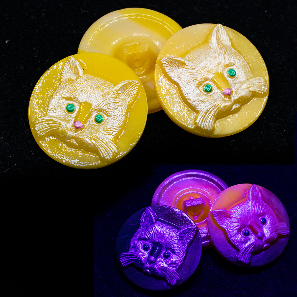 OUTLET 1 pcs Czech Glass Handmade Button, s12, Yellow Uranium Cat Pearl, Glass, Czech Republic