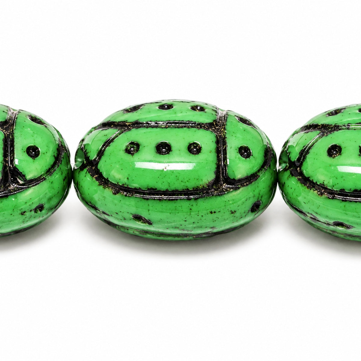Ladybird Beads, Opaque Green Black Lined (53230-46769), Glass, Czech Republic