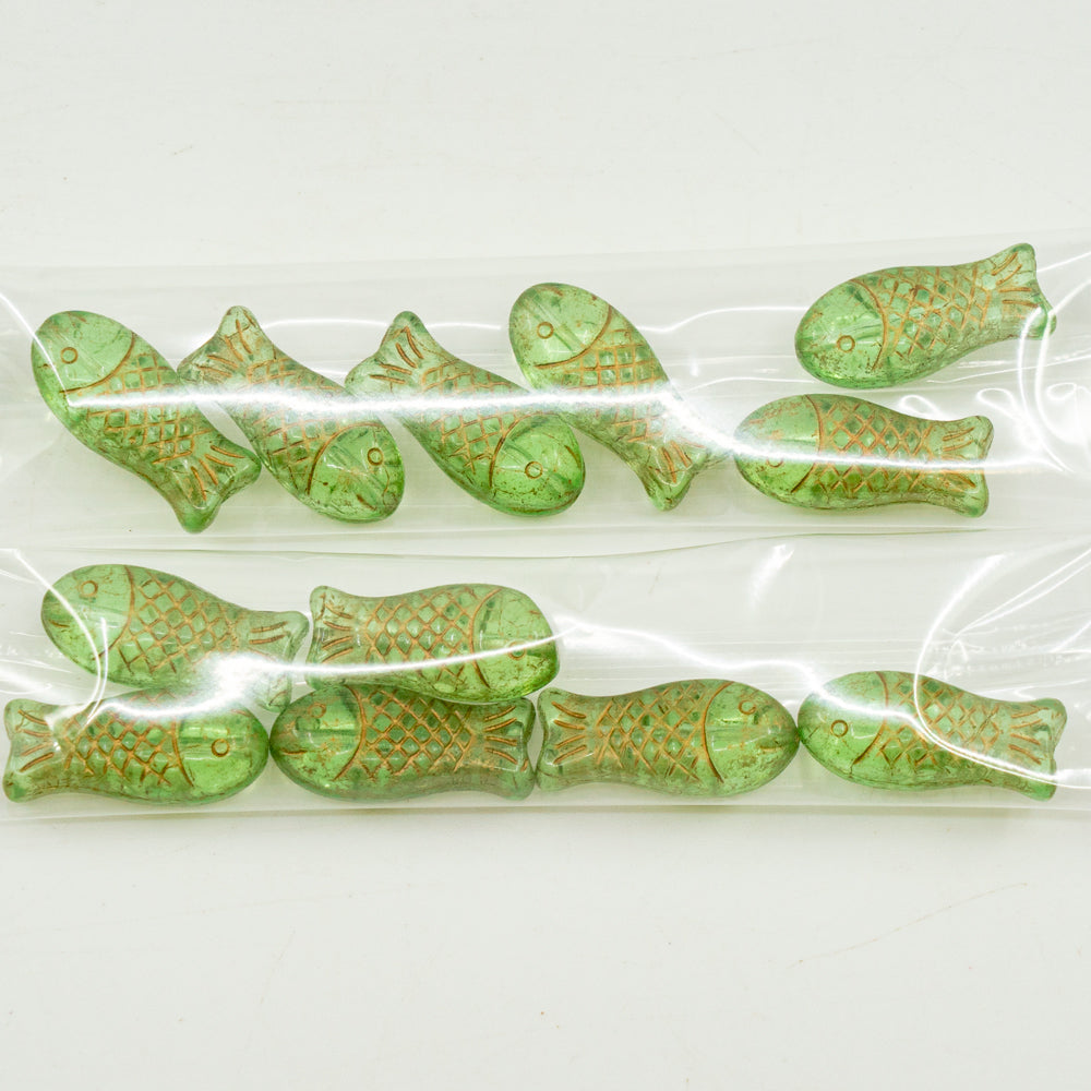 OUTLET 10 grams Pressed Fish Beads, 20 x 12 mm, Green Gold Lined (green-54202), Glass, Czech Republic