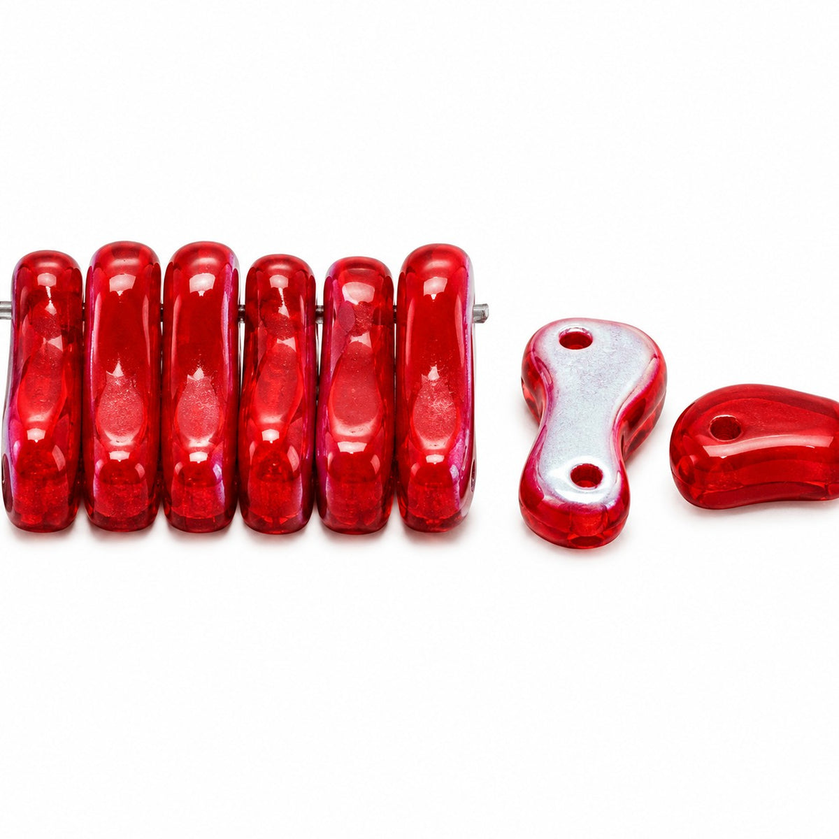 2-Hole Pressed Beads, Opaque Red Ab (93200-28701), Glass, Czech Republic