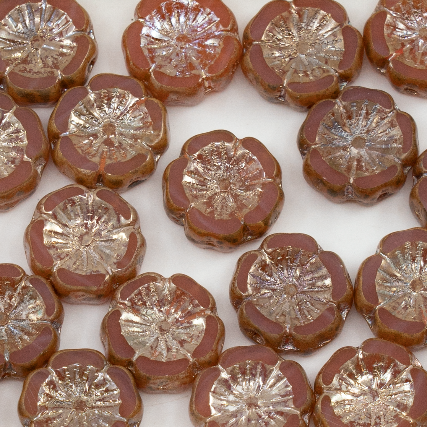 OUTLET 10 grams Table Cut Hawaii Flower Beads, 14 x 14 mm, Opal Pink Rembrandt Travertin (71010-43500), Glass, Czech Republic