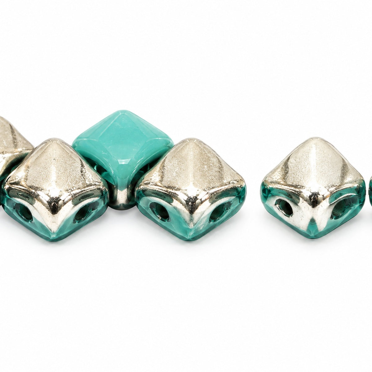 Silky 2-Hole Square Beads, Turquoise Crystal Silver Half Coating (63130-27001), Glass, Czech Republic