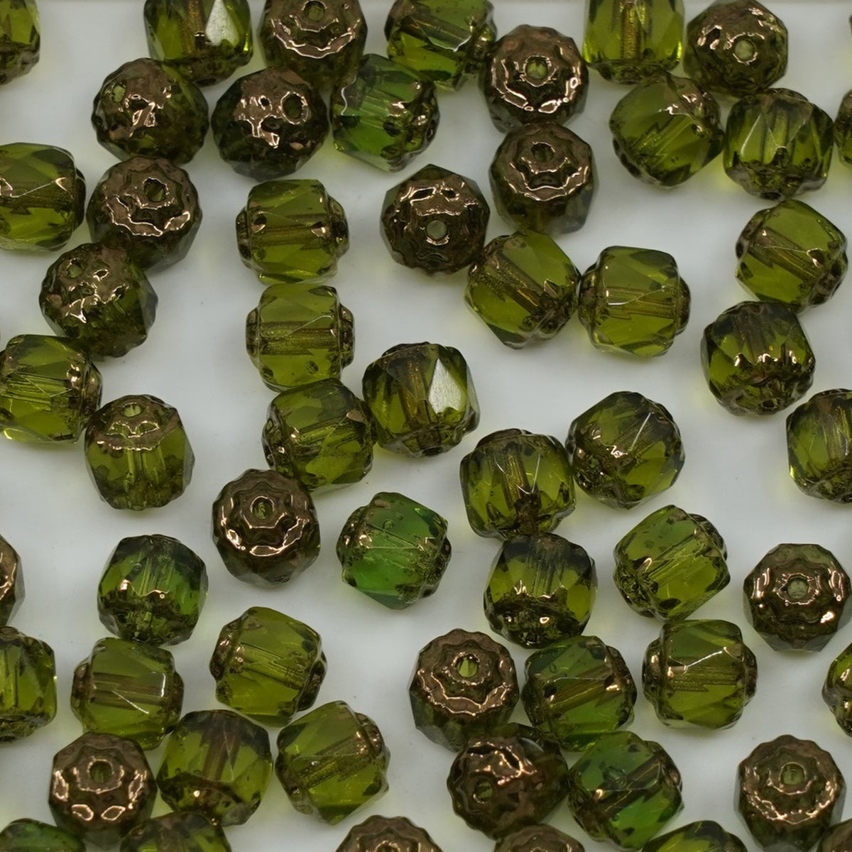 OUTLET 250g/50g Cathedral Faceted Fire Polished Beads, 6 x 6 mm, Transparent Green Bronze (50230-14415), Glass, Czech Republic