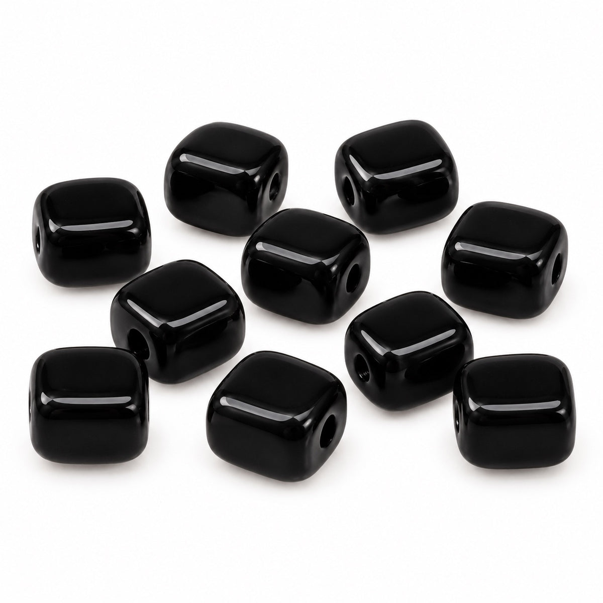 Rounded Cube Beads, Black (23980), Glass, Czech Republic