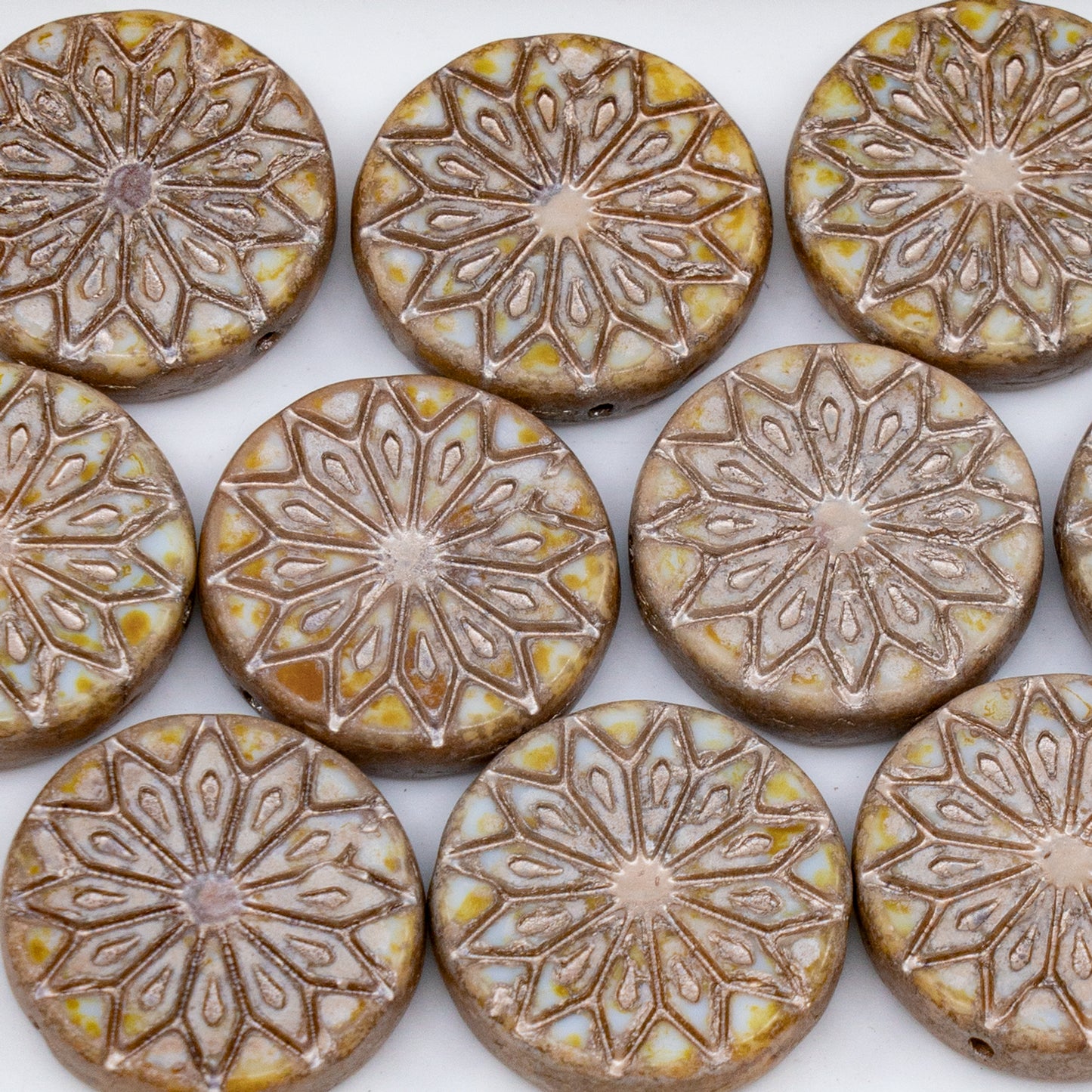 OUTLET 250g/50g Origami Flower Beads, 18 x 18 mm, White Cream Luster Spotted Copper Lined (02010-65321-54324), Glass, Czech Republic