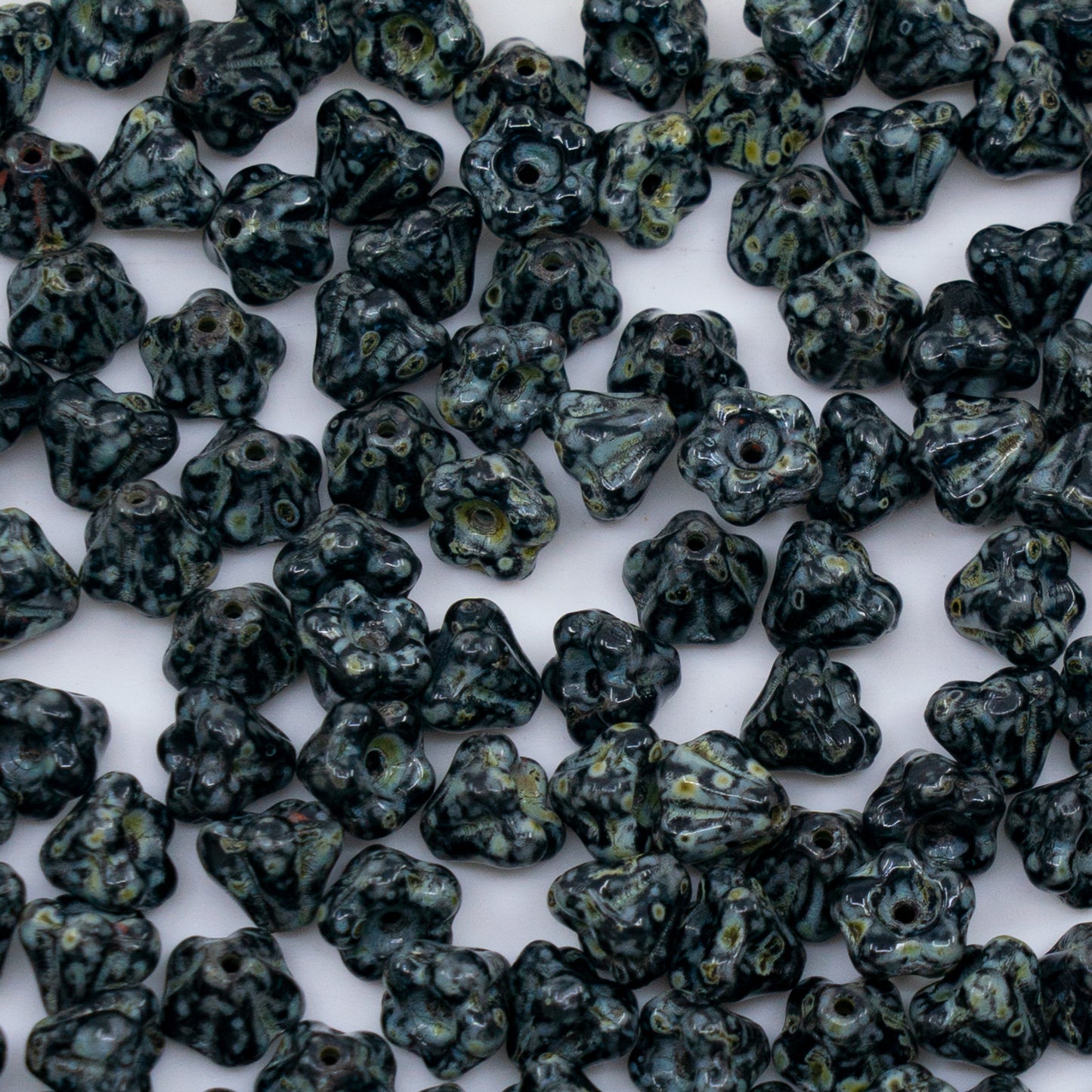 OUTLET 250g/50g Bell Flower Beads, 4 x 6 mm, Black Travertin (23980-86800), Glass, Czech Republic