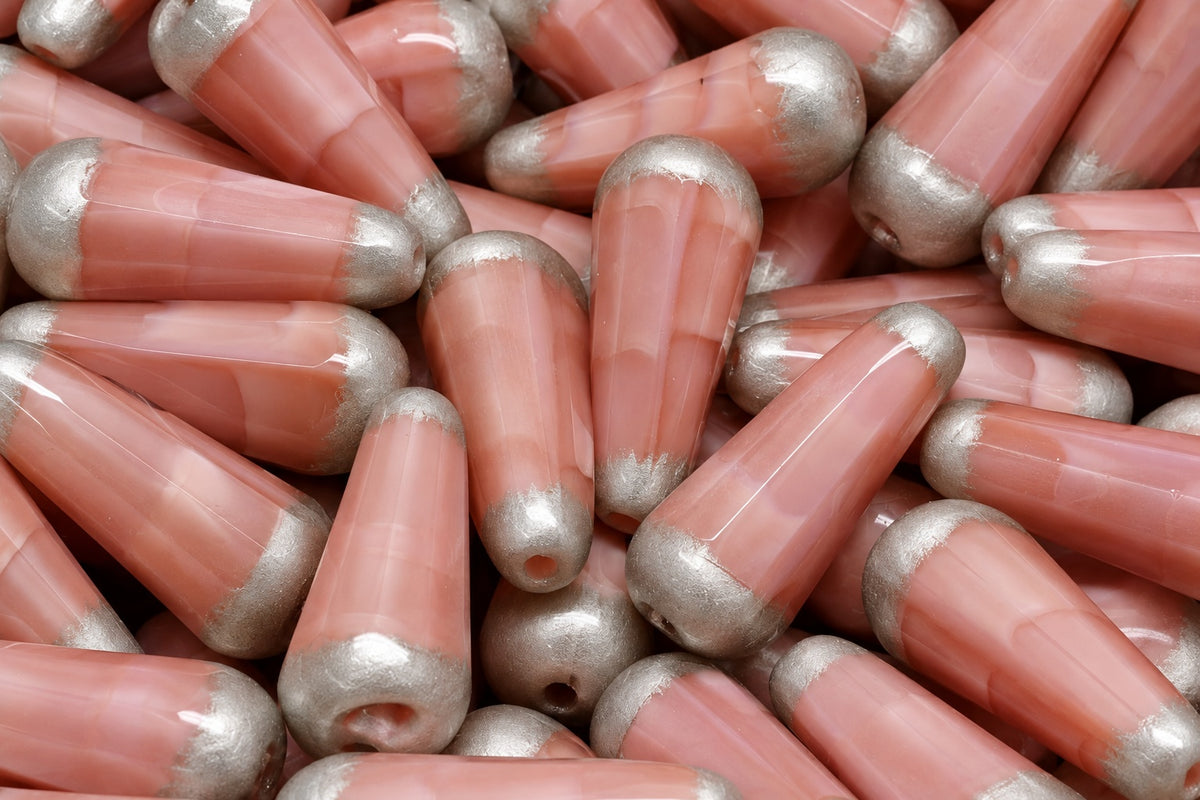 Faceted Fire Polished Teardrop Beads, Opaque Pink Platin (76017-13702), Glass, Czech Republic