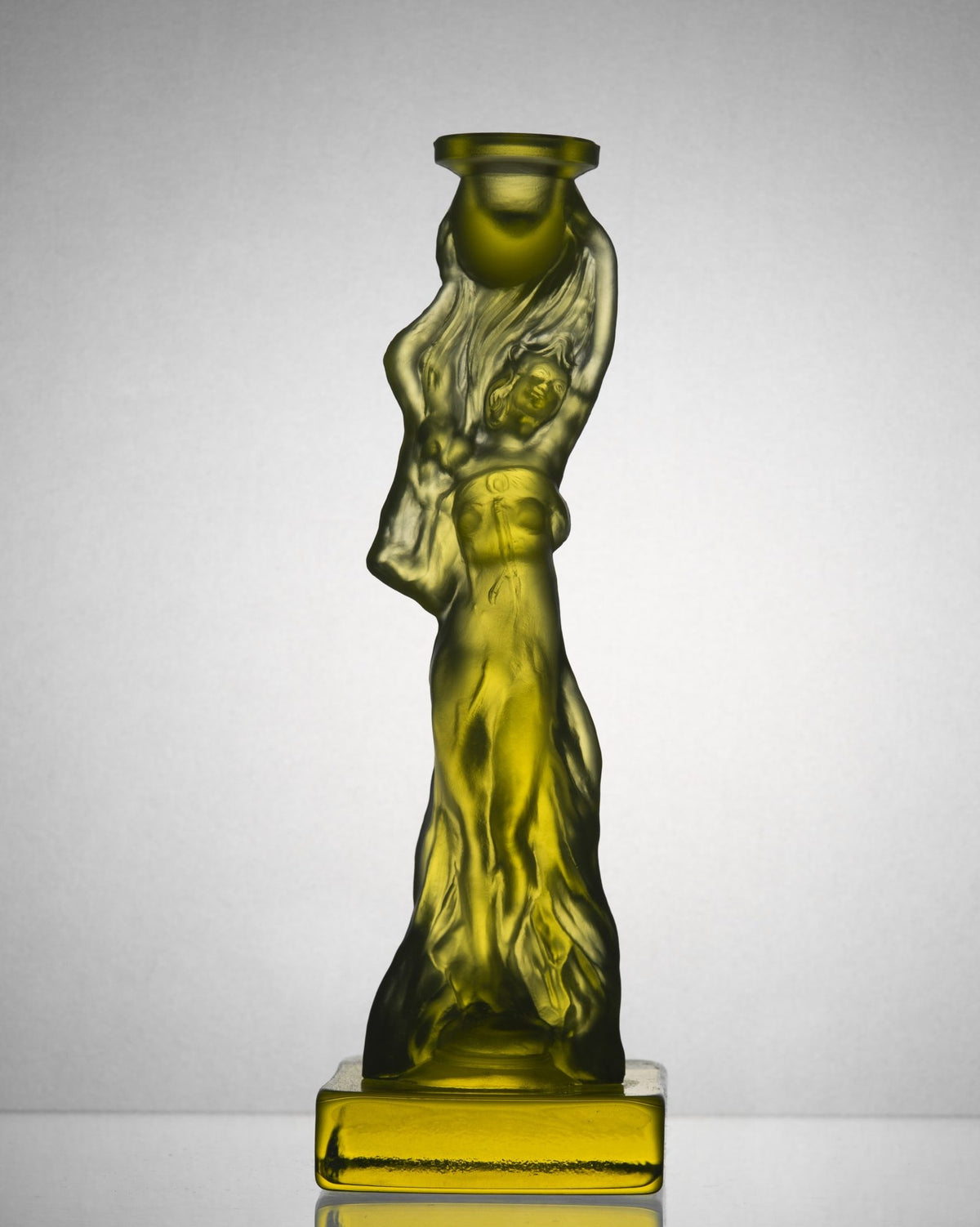 Art Nouveau Woman Candle Holder on a Pedestal – Uranium Art Glass, Czech Republic, OUTLET