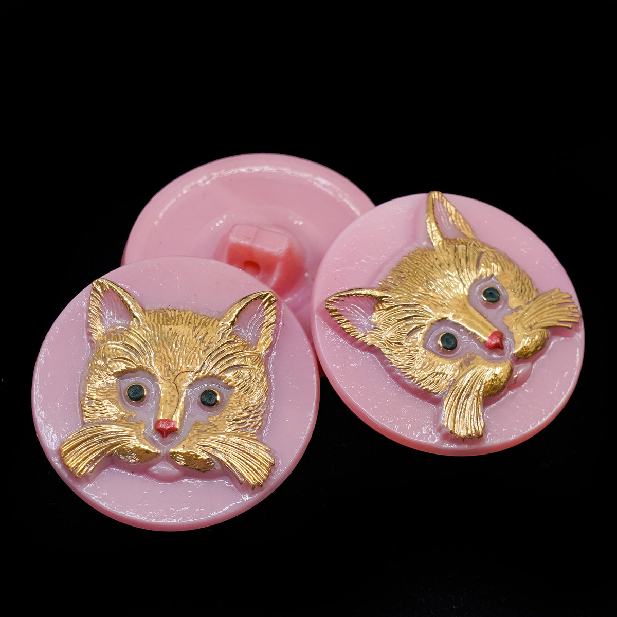 OUTLET 1 pcs Pressed Beads, s12 x mm, Pink with Gold Cat (), Glass, Czech Republic