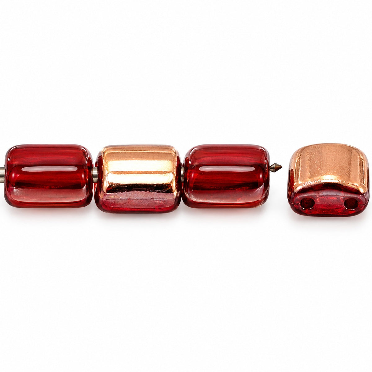 2-Hole Square Beads, Ruby Red Rose Gold Capri (90080-27101), Glass, Czech Republic