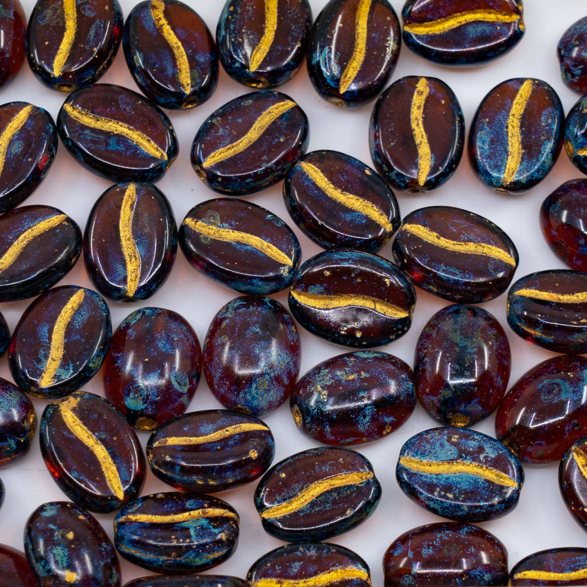 OUTLET 250g/50g Coffee Bean Beads, 11 x 8 mm, Transparent Brown Travertin Gold Lined (10210-86800-54302), Glass, Czech Republic