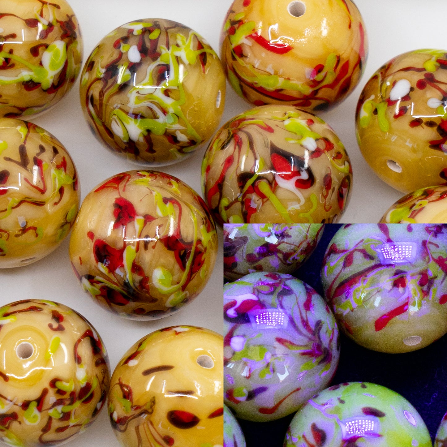 OUTLET 1 pcs Lampwork Round Beads, 16 x 16 mm, Opal Yellow Light Uranium Red Splash (8400-red-splash), Glass, Czech Republic