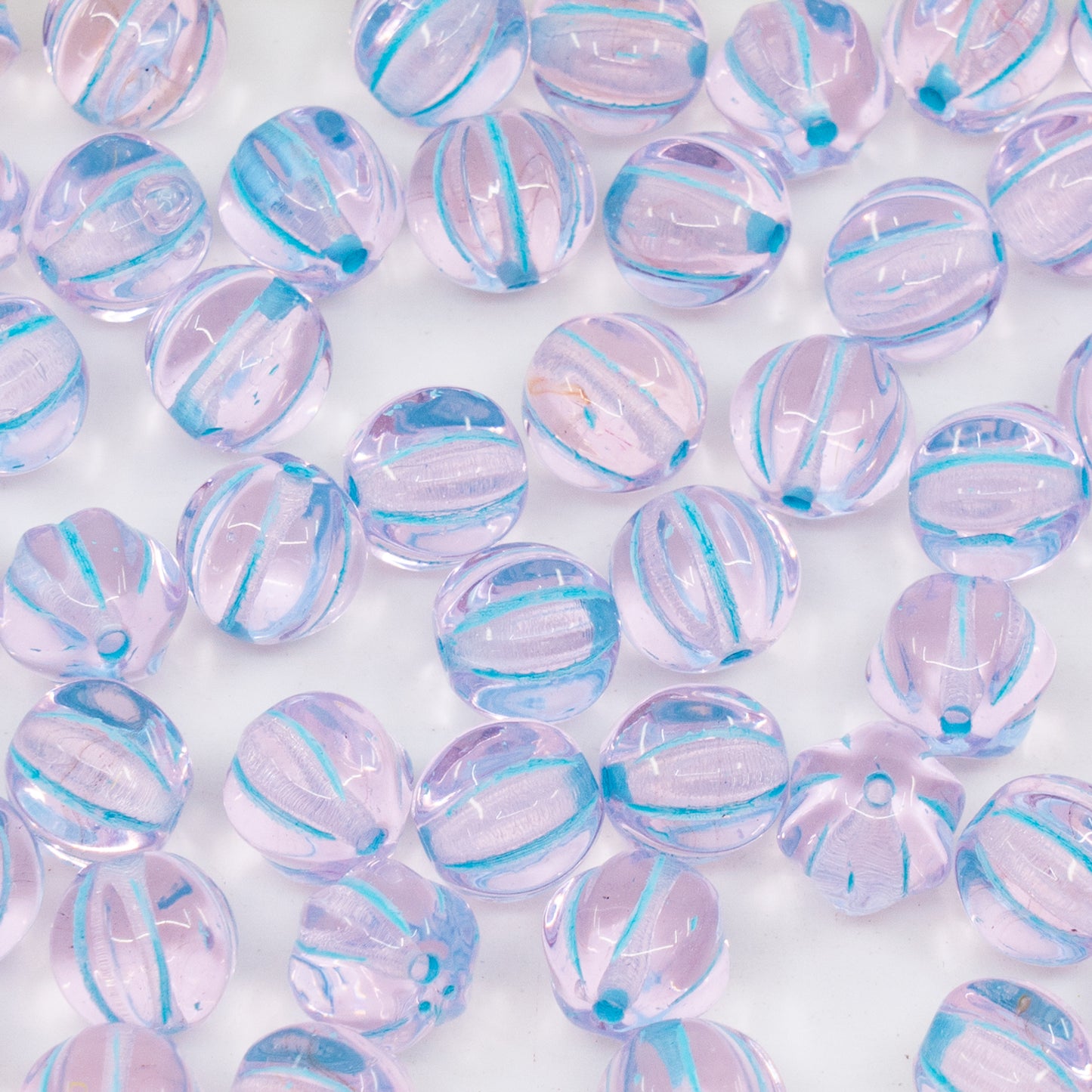 OUTLET 250g/50g Melon Beads, 8 x 8 mm, Transparent Pink Light Blue Lined (70200-54308), Glass, Czech Republic
