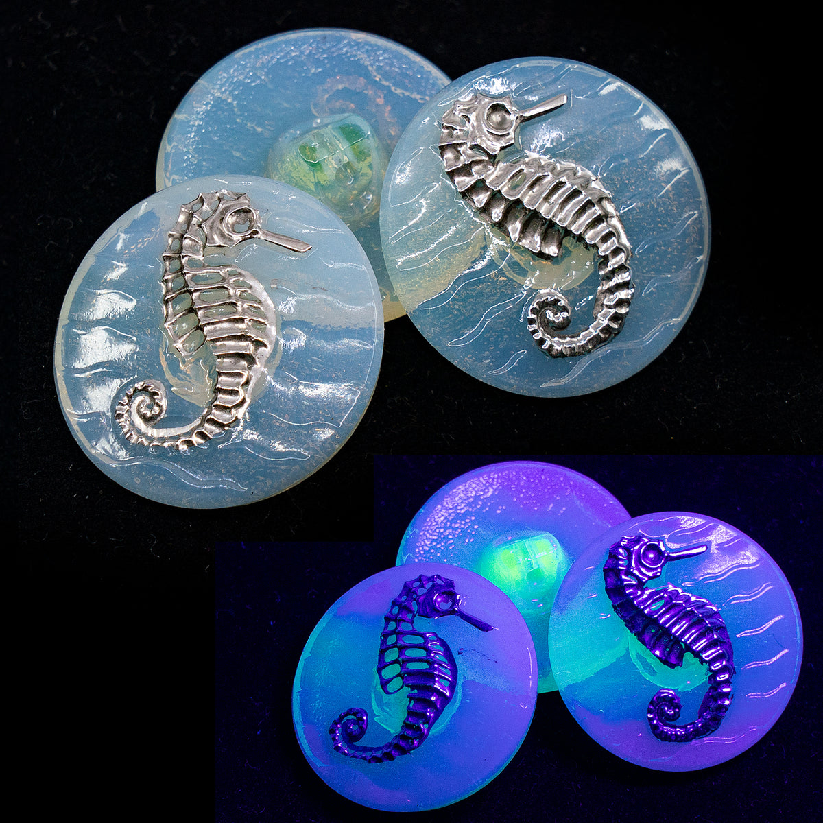 OUTLET 1 pcs Czech Glass Handmade Button, s10, Uranium Opal Seahorse Platinum, Glass, Czech Republic