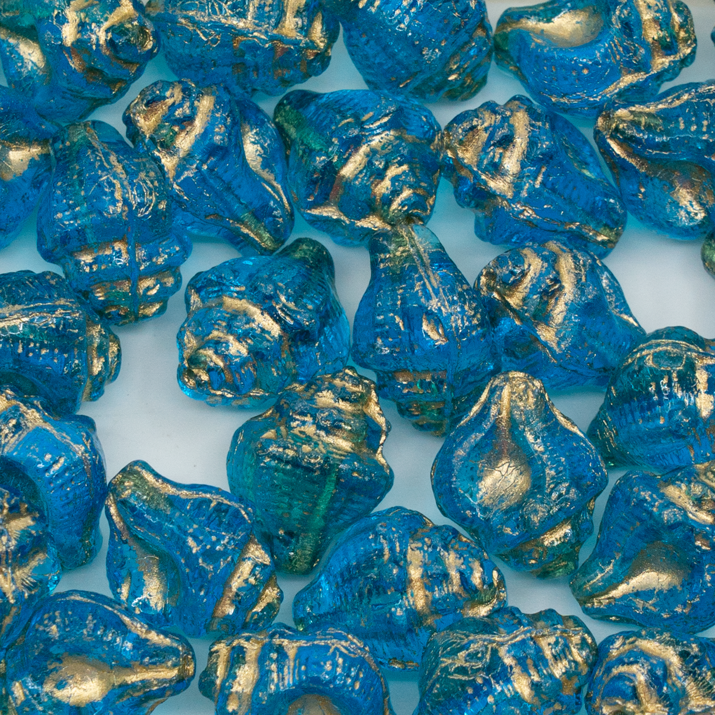 OUTLET 250g Murex Shell Beads, 15 x 12 mm, Transparent Aqua Gold Lined (60020-54302), Glass, Czech Republic
