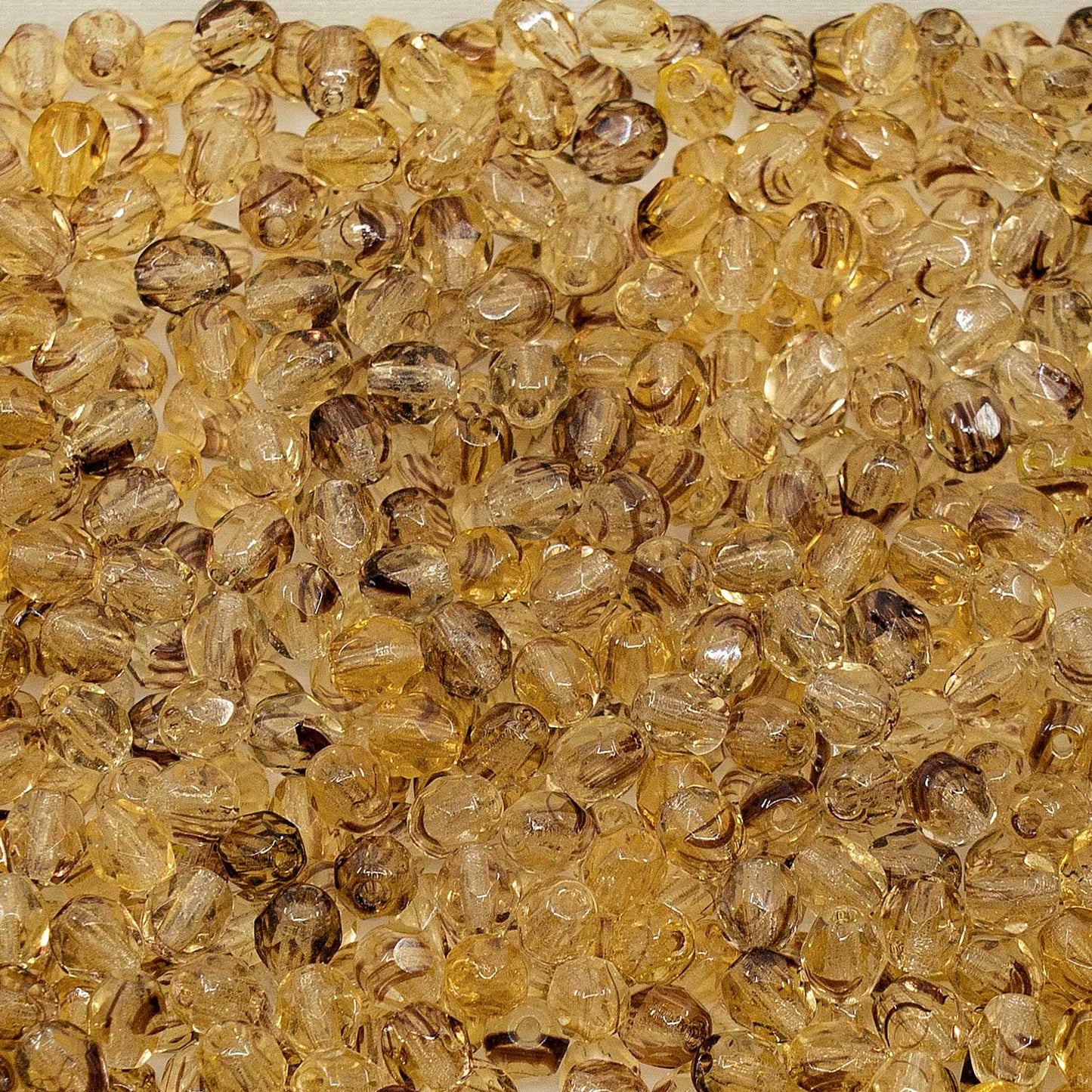 アウトレット ファセットラウンドファイアポリッシュビーズ、4 x 4 mm、ブラウンストライプ(ブラウンストライプ)、ガラス、チェコ共和国