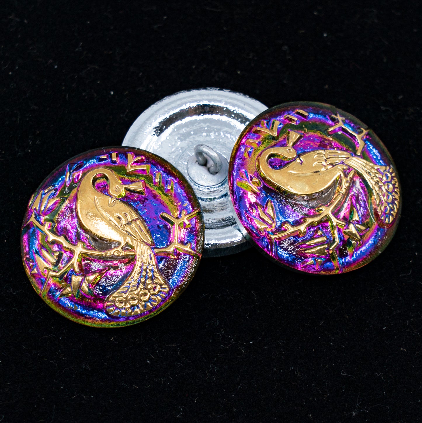 OUTLET 1 pcs Czech Glass Handmade Button, s10 x 22 mm, Peacock Purple Gold (peacock-purple-gold), Glass, Czech Republic