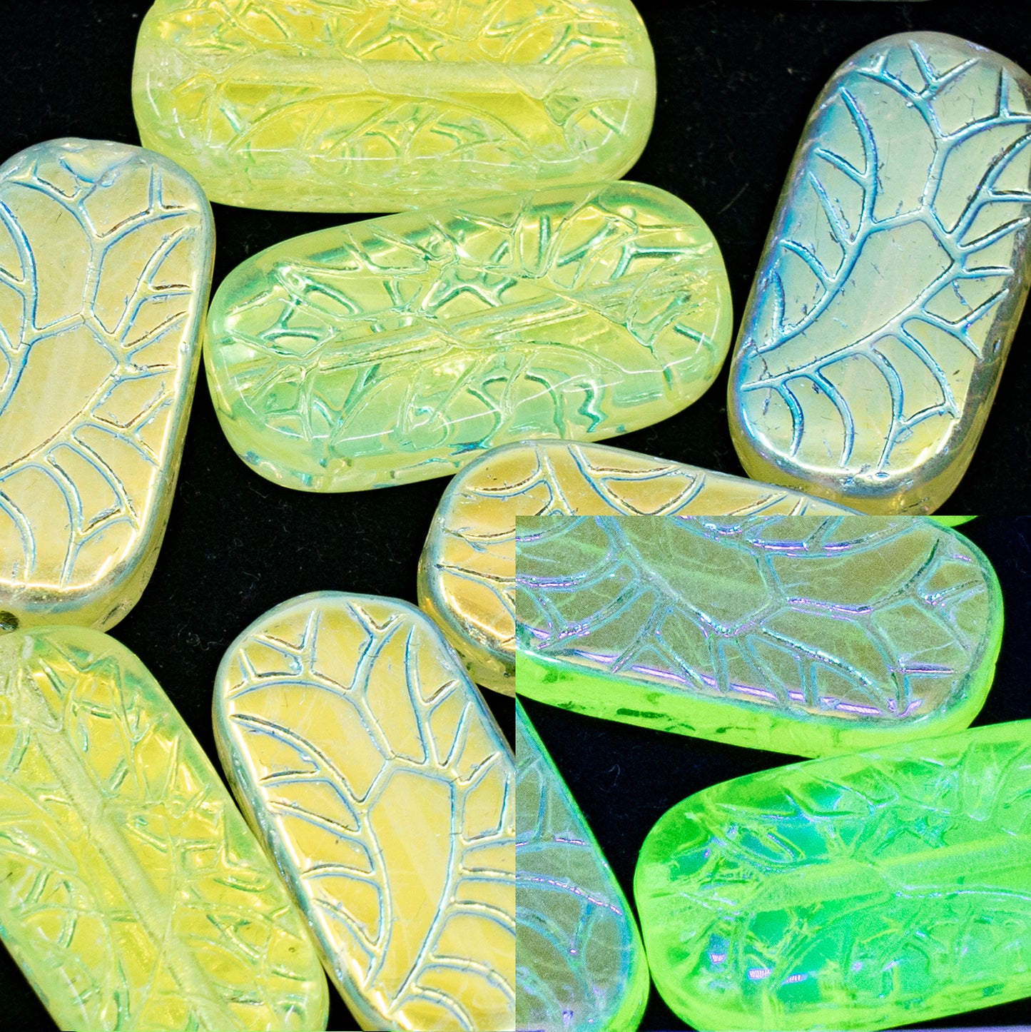 OUTLET 250g/50g Rectangle With Ornament Pressed Glass Beads, 25 x 12 mm, Transparent Yellow AB (80130-28701), Glass, Czech Republic