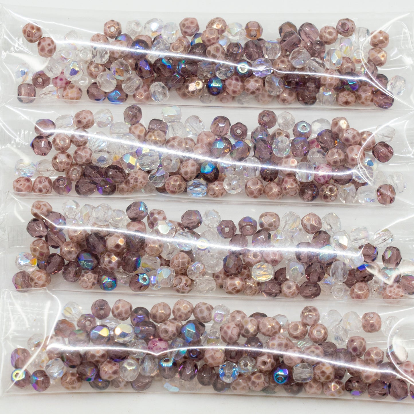 アウトレット 10グラム ファセットラウンドファイアポリッシュビーズ、4 x 4 mm、ピンクパープルミックスカラー(ピンクパープルミックス)、ガラス、チェコ共和国