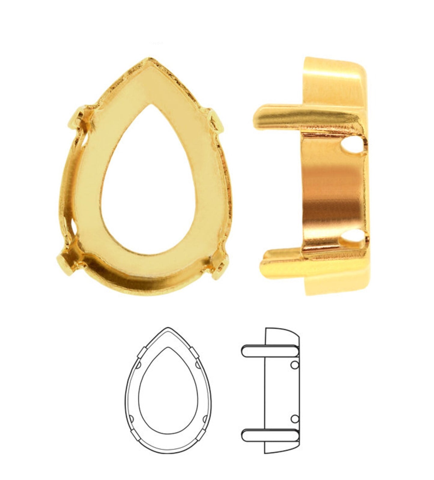 Pear Teardrop Metal Settings with Prongs for Stone Glass Crystals - Different colors and Sizes - For sewing / soldering