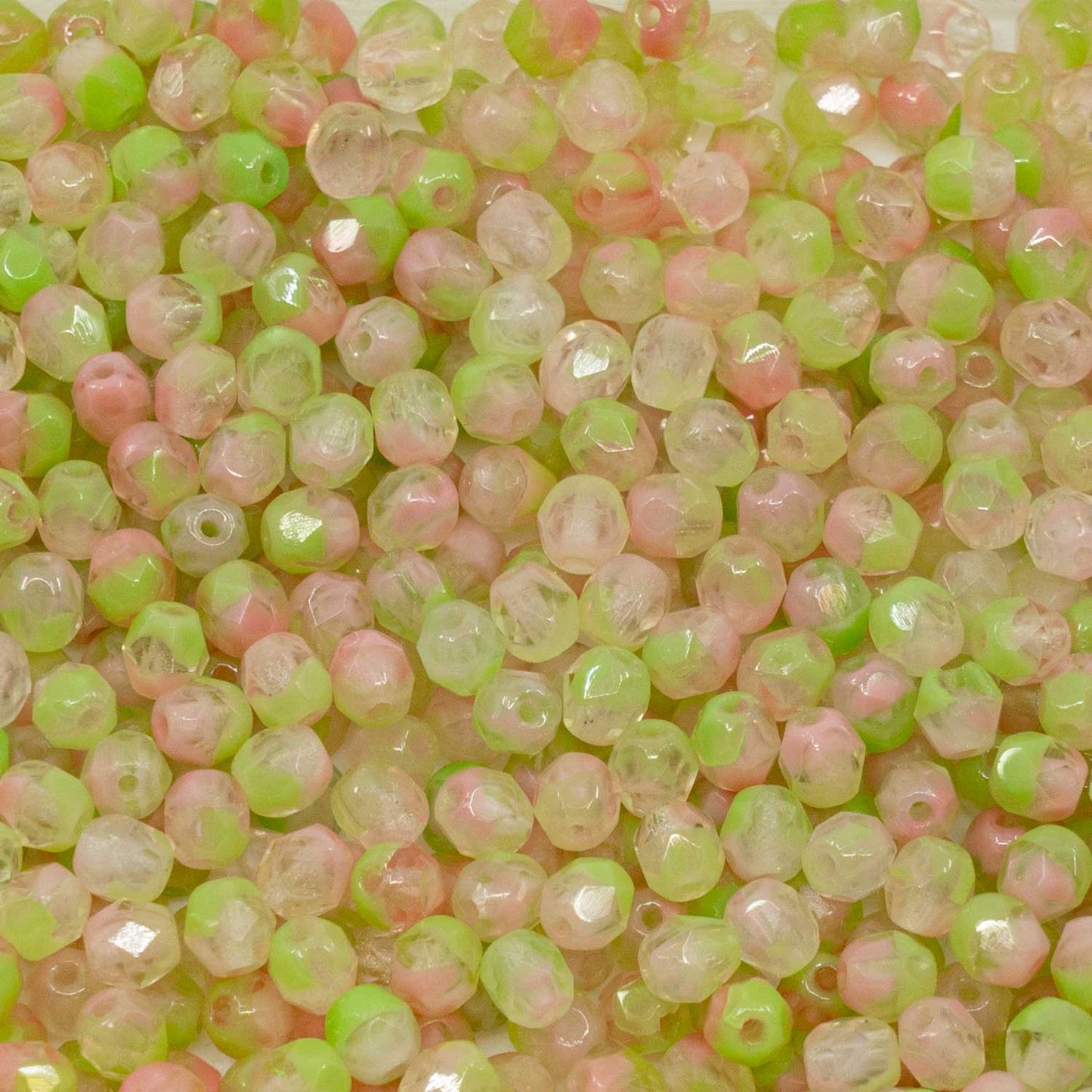 OUTLET Faceted Round Fire Polished Beads, 4 x 4 mm, Pale Pink Green Mixed Colors (pale-pink-green-mix), Glass, Czech Republic