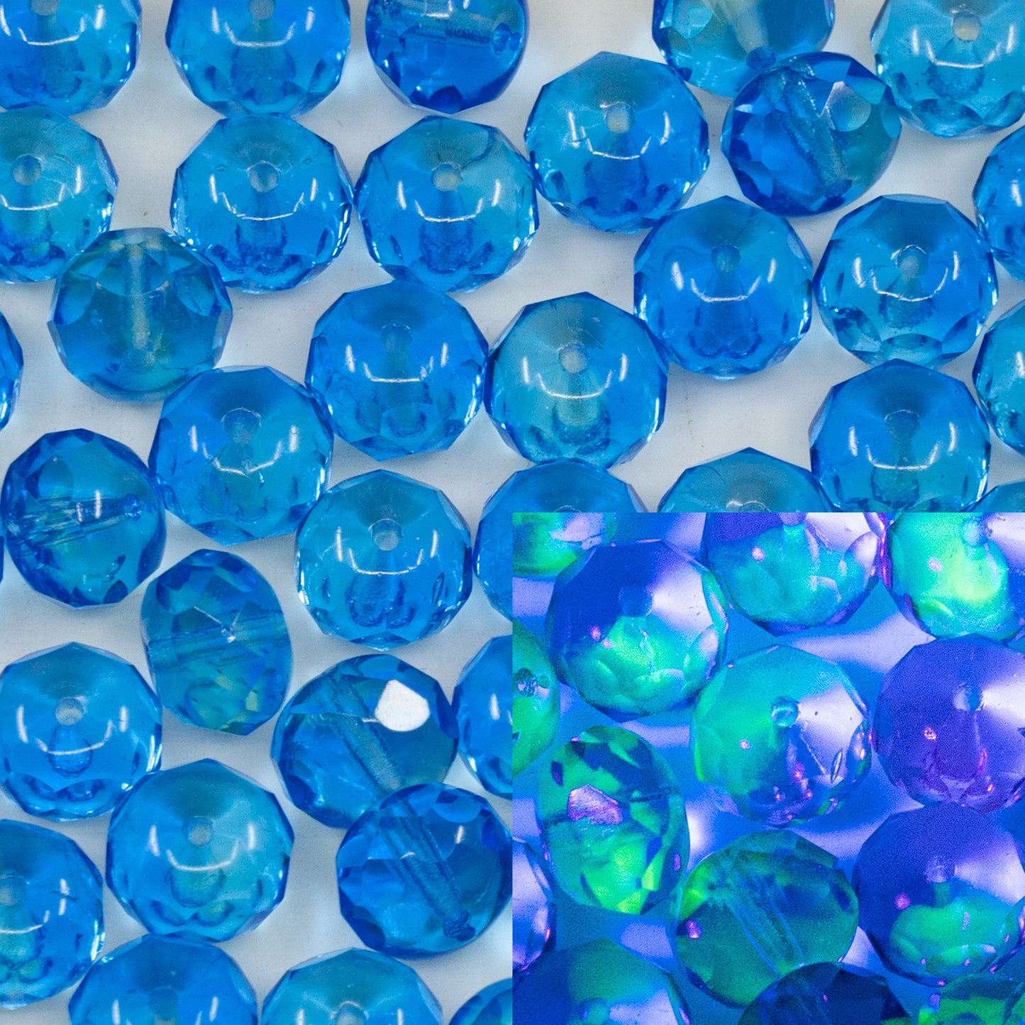 OUTLET 10 grams Faceted Rondelle Fire Polished Beads, 6 x 9 mm, Blue Green Uranium (87311), Glass, Czech Republic