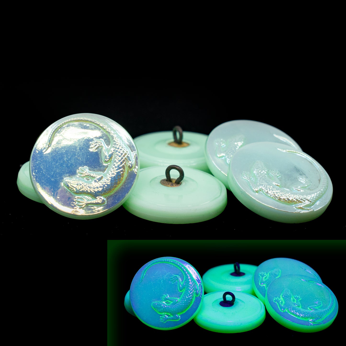 OUTLET 1pc Czech Uranium Glass Handmade Button, Size 10 (22.5 mm), Animal Design - Opal Green AB Lizzard
