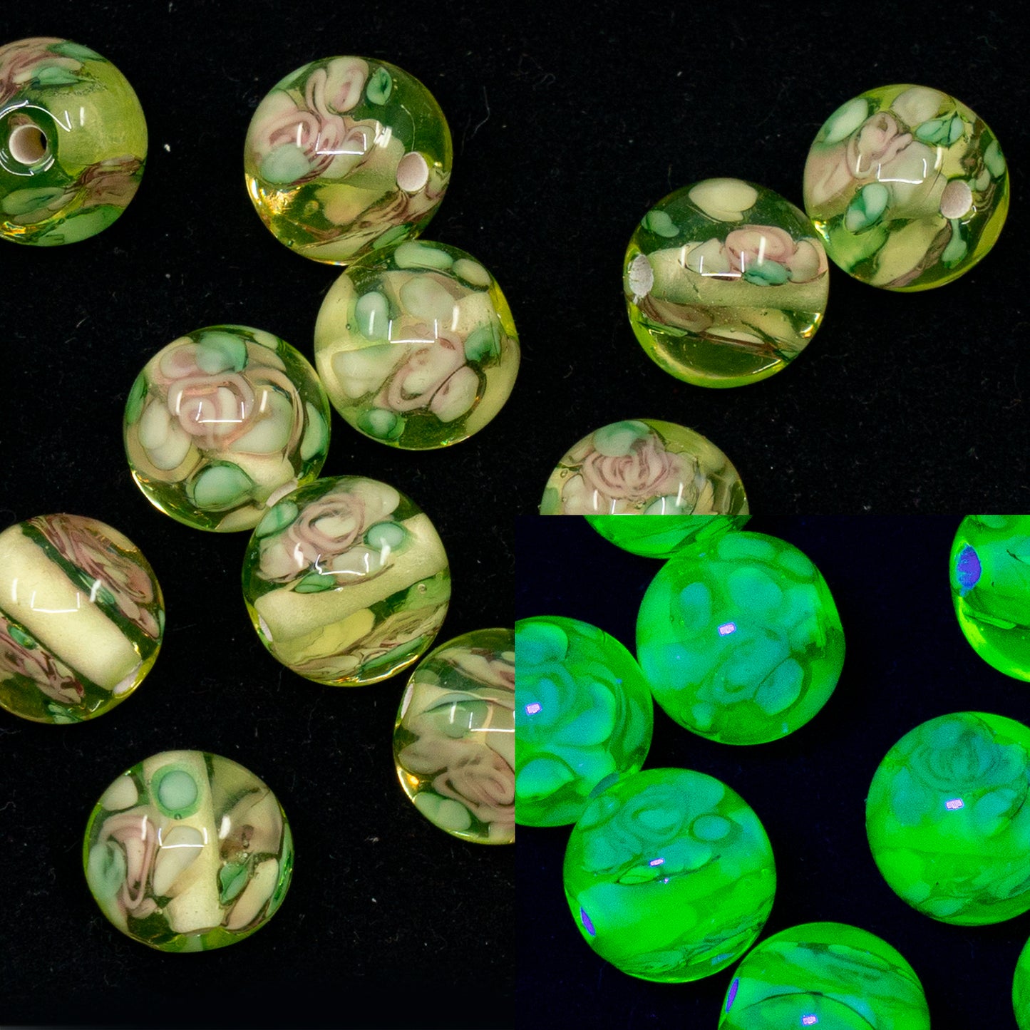 OUTLET 1 pcs Lampwork Round Beads, 10 x 10 mm, Flower Transparent Yellow (0001-80130), Glass, Czech Republic
