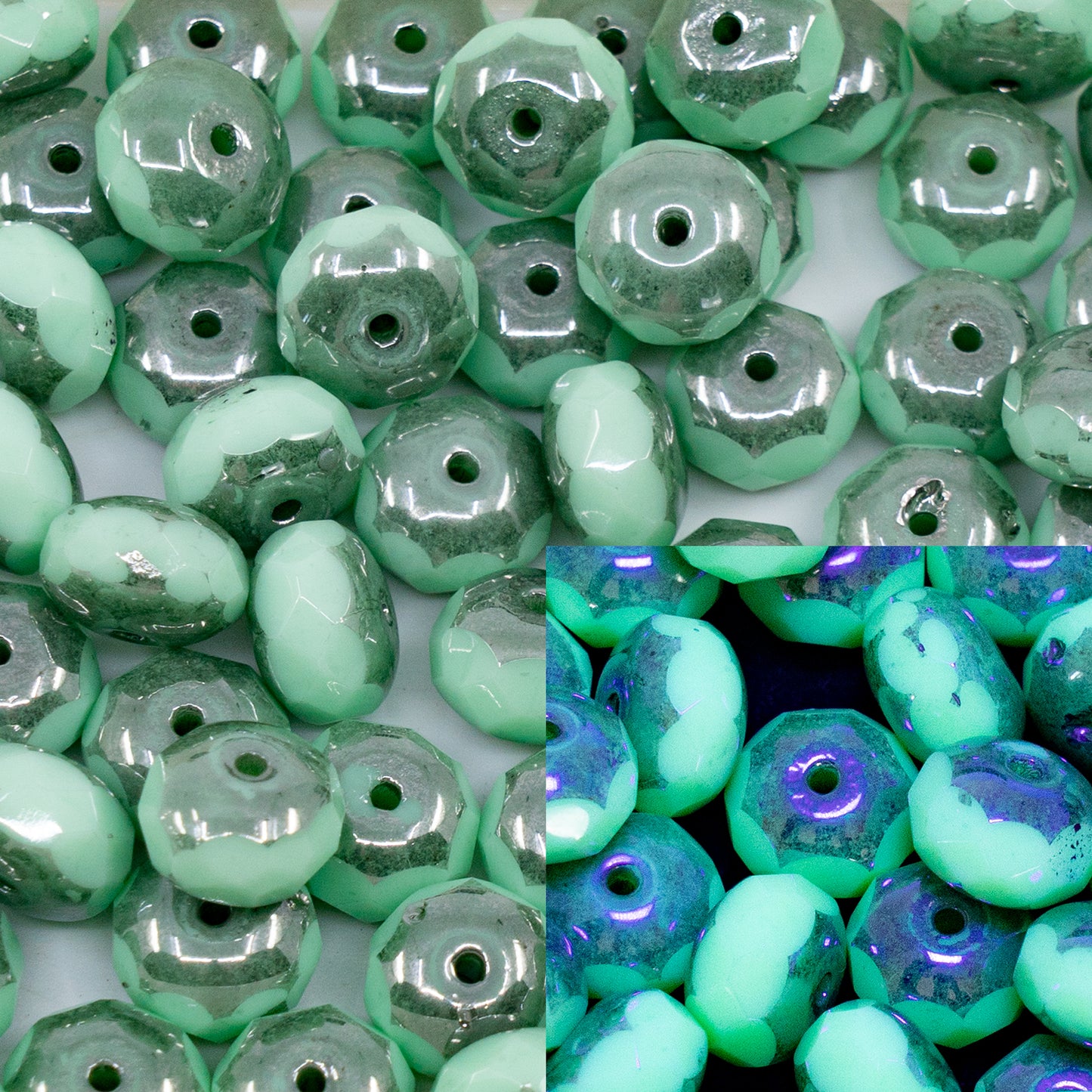 OUTLET 250g/50g Faceted Rondelle Fire Polished Beads, 6 x 9 mm, Opal Green Platin (52010-13702), Glass, Czech Republic