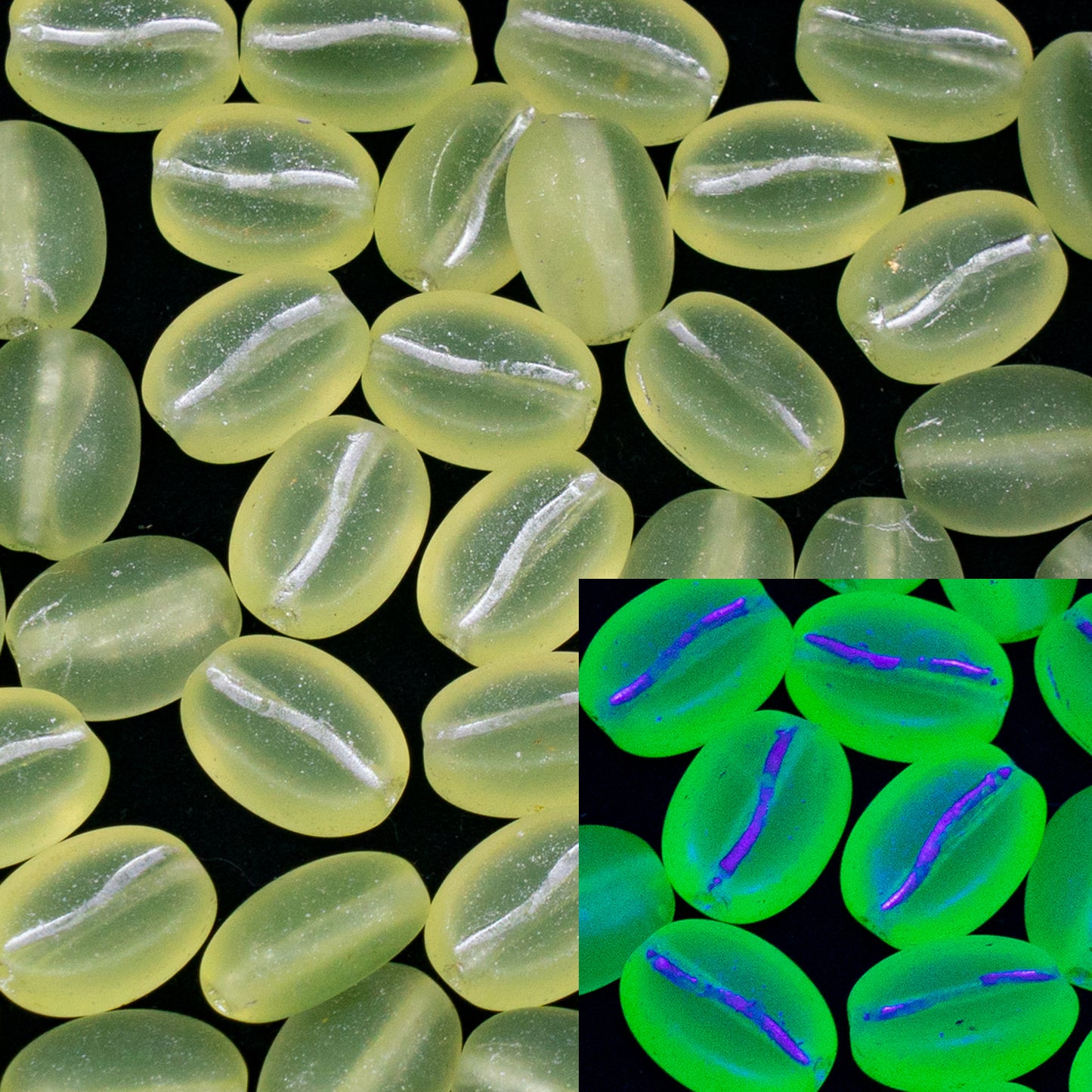 OUTLET 250g/50g Coffee Bean Beads, 11 x 8 mm, Transparent Yellow Matte Silver Lined (80130-84100-54301), Glass, Czech Republic