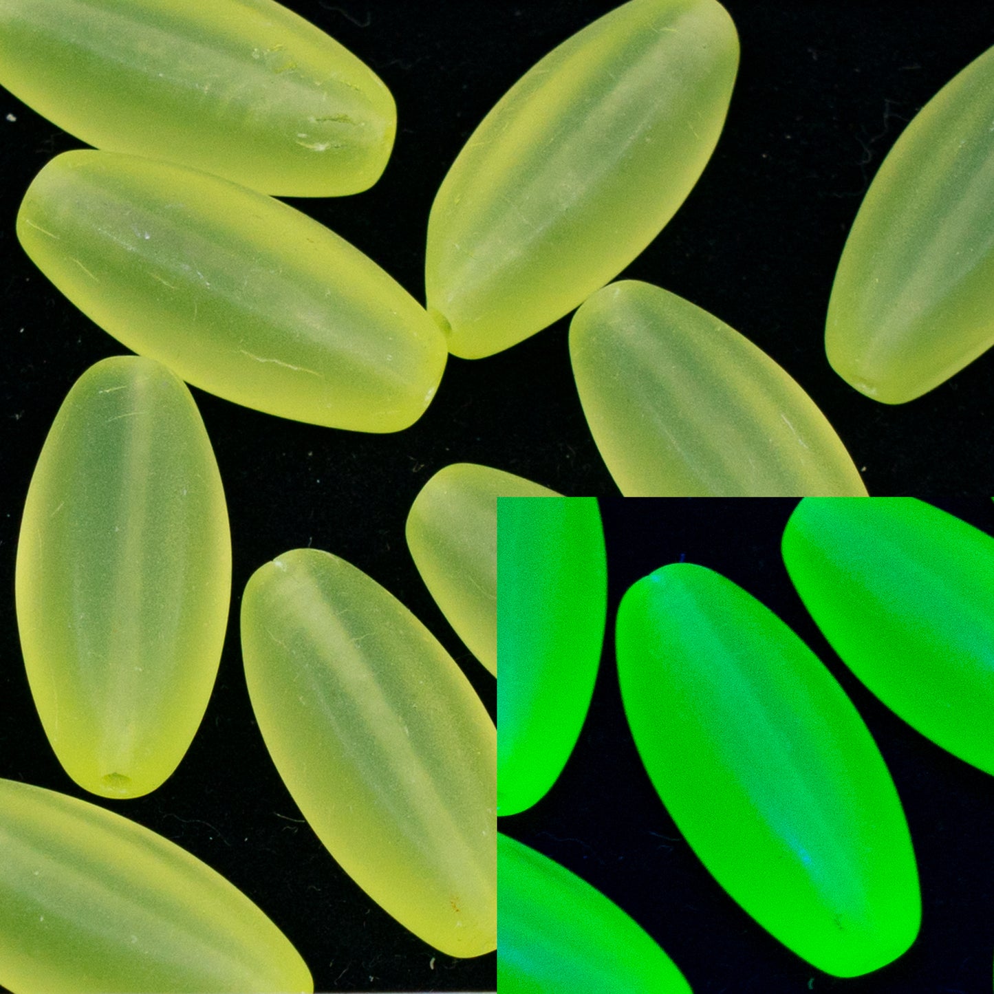 OUTLET 250g/50g Peeled Olive Beads, 20 x 10 mm, Transparent Yellow Matte (80130-84100), Glass, Czech Republic