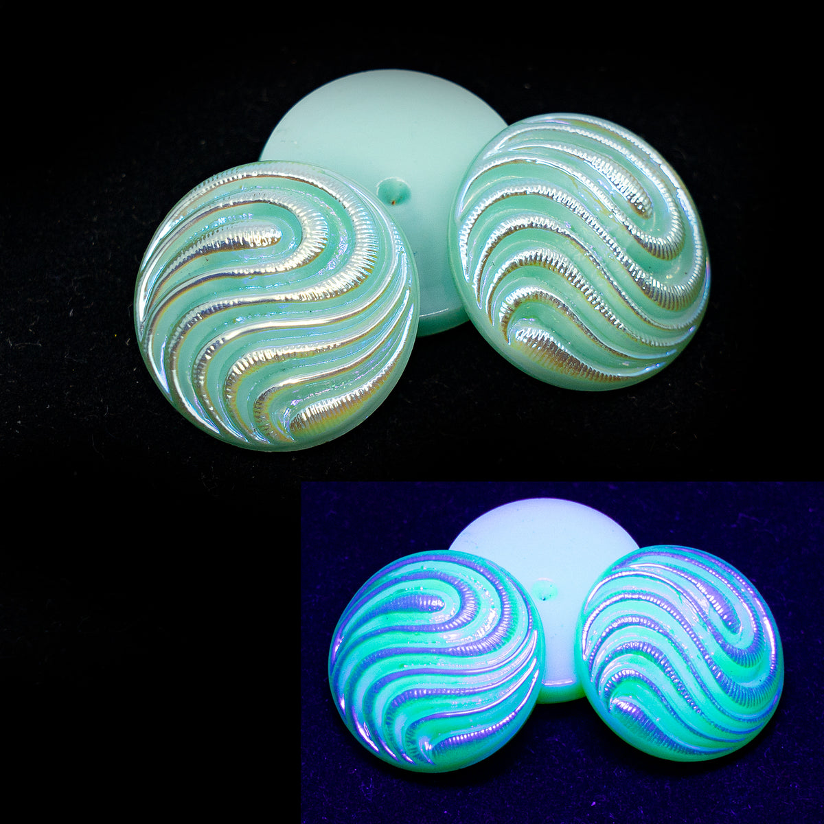 OUTLET 1 pcs Czech Glass Handmade Cabochon, s6, Lime Uranium Swirl AB, Glass, Czech Republic