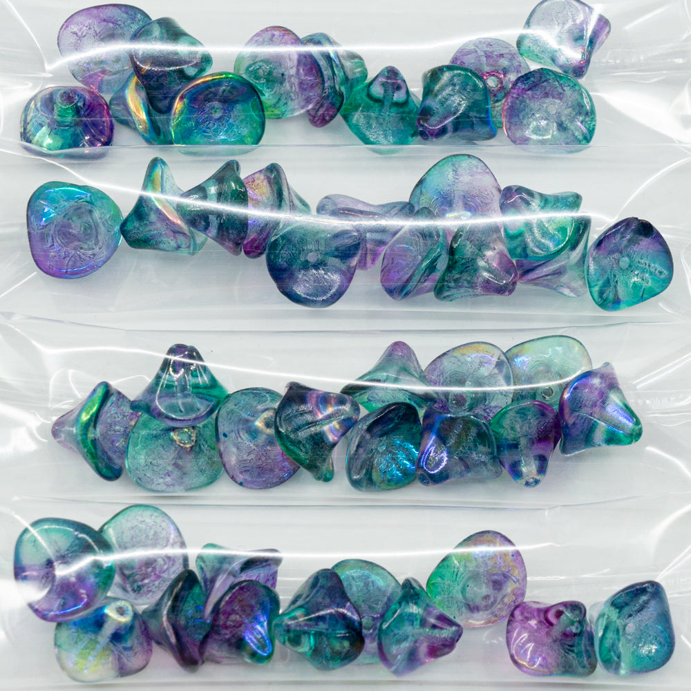 アウトレット デイリリーフラワービーズ 10グラム、12 x 10 mm、クリスタルグリーンパープル(00030-green-purple)、ガラス、チェコ共和国