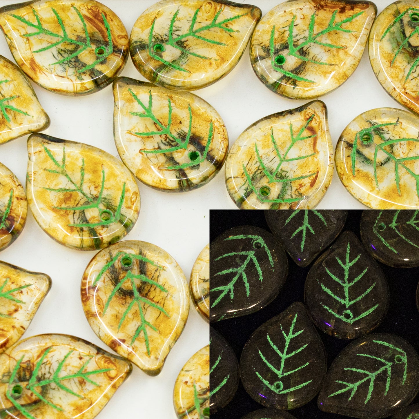 OUTLET 250g Apple Leaf Beads, 18 x 13 mm, Crystal Stain With Luster Blue Neong (00030-65431-neonG), Glass, Czech Republic