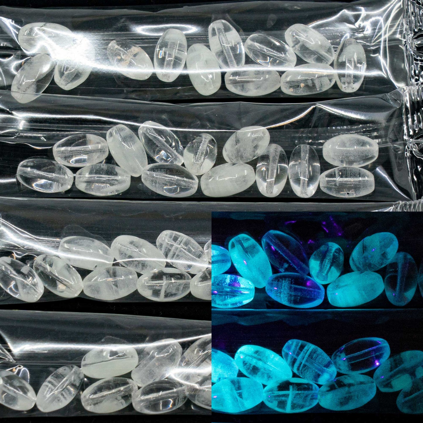 アウトレット 10グラム オリーブオーバルプレスガラスビーズ、12 x 7 mm、クリスタルグローストライプ(00030-88035)、ガラス、チェコ共和国