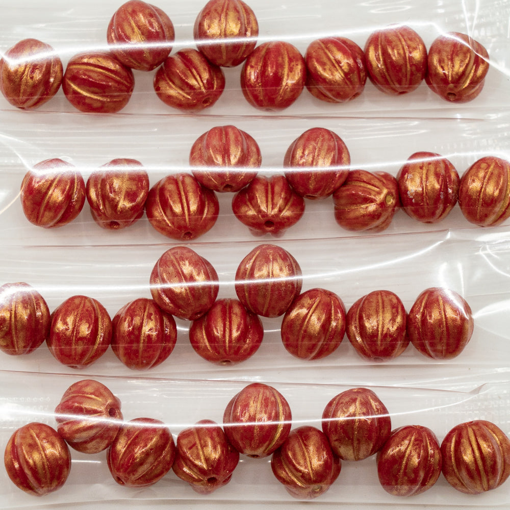 OUTLET 10 克瓜珠,10 x 10 毫米,红色 Dristex 镀金 (93180-D0101),玻璃,捷克共和国