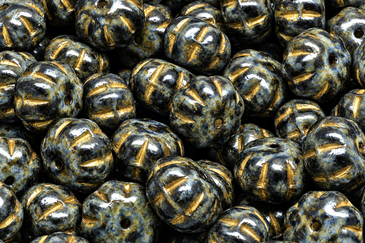 Pumpkin Beads, Black Travertin Gold Lined (23980-86800-54302), Glass, Czech Republic