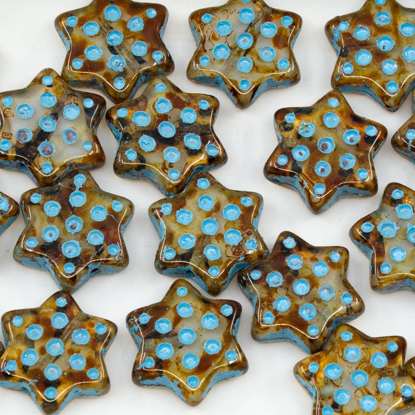OUTLET 250 grams Pressed Beads Star With Dot, 16 x 16 mm, Mix Crystal White Travertin Light Blue Lined (06008-86800-54308), Glass, Czech Republic