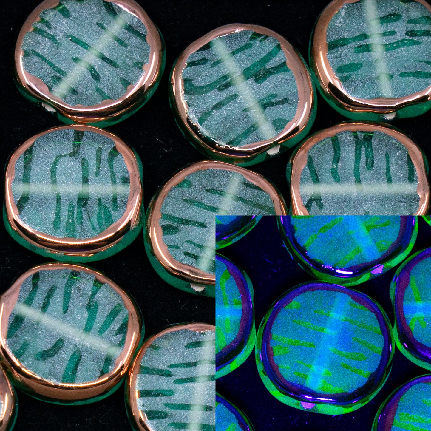 OUTLET 1 pcs Lampwork Flat Round Beads, 14 x 14 mm, Light Green Stripes Bronze (50812-st-b), Glass, Czech Republic