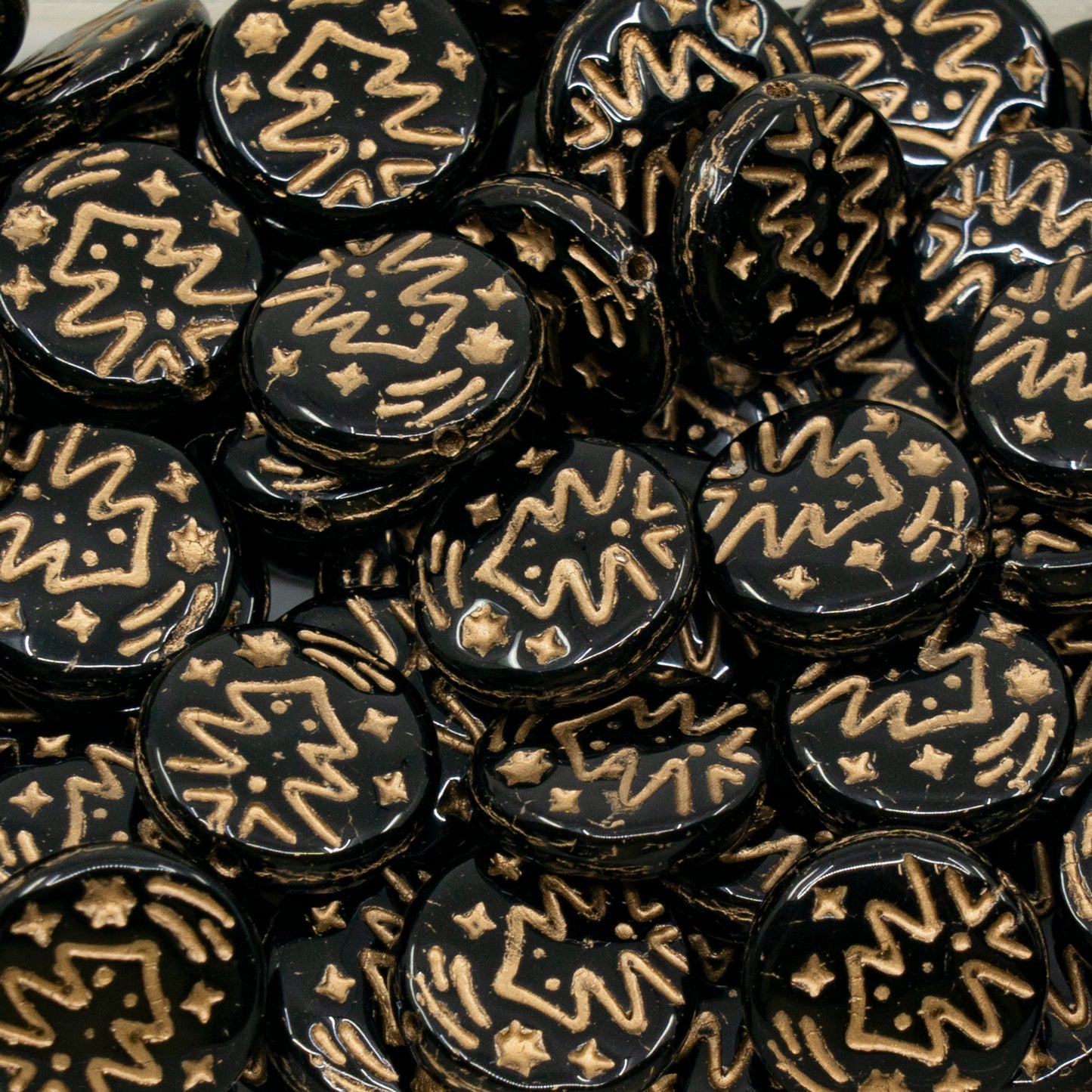 OUTLET 250g Pressed Christmas Beads, 14 x 14 mm, Black Gold Lined (23980-54302), Glass, Czech Republic