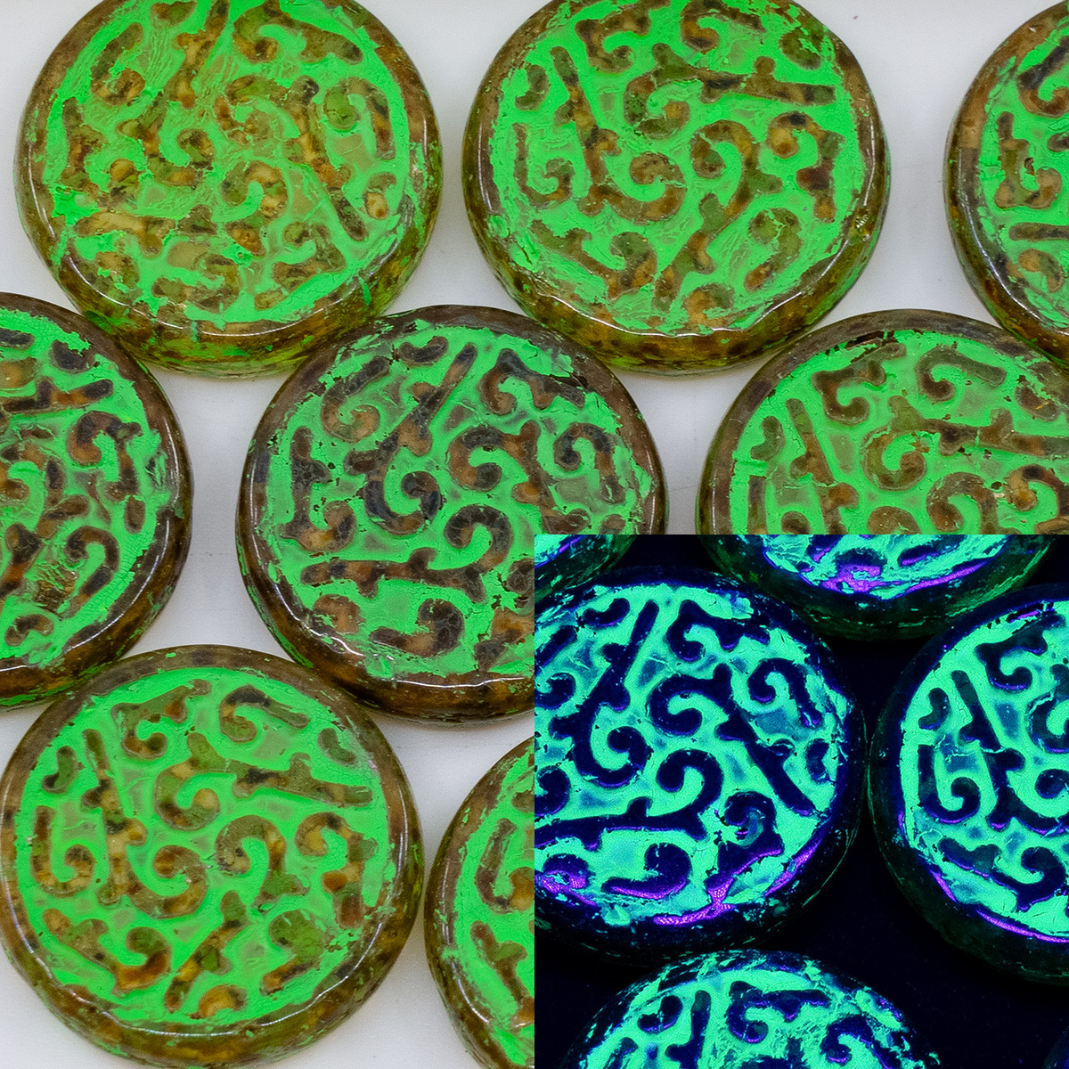 OUTLET 250g/50g Coin Ornament Pressed Beads, 20 x 20 mm, Crystal Travertin Green Neon Lined (00030-86800-54153-neon), Glass, Czech Republic