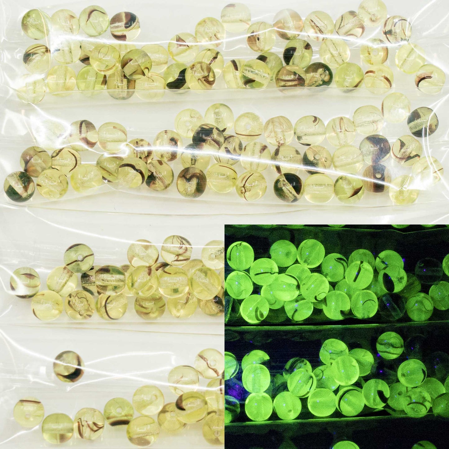 OUTLET 10 grams Round Druck Beads, 6 x 6 mm, Green Transparent Brown Stripes (88126), Glass, Czech Republic