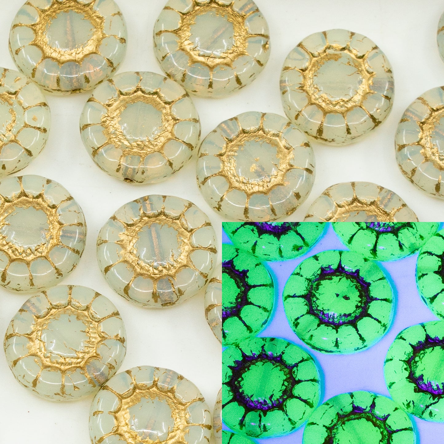 OUTLET 10克压制扁平向日葵珠,13 x 13毫米,蛋白石镀金(81000-54302),玻璃,捷克共和国