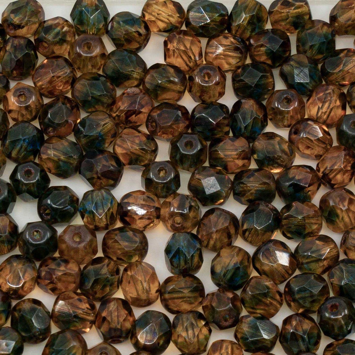 OUTLET 250g Faceted Fire Polished Round Beads, 6 x 6 mm, Green Crystal Mix Travertin (37701-86800), Glass, Czech Republic